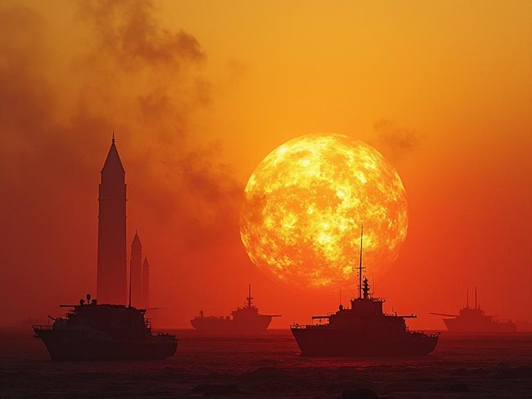 Image of military soldiers in silhouette against a vivid sunset. Orange and red hues fill the scene. Military columns and ships are seen against the backdrop of the setting sun. A sense of abstract conflict and beauty emerges.