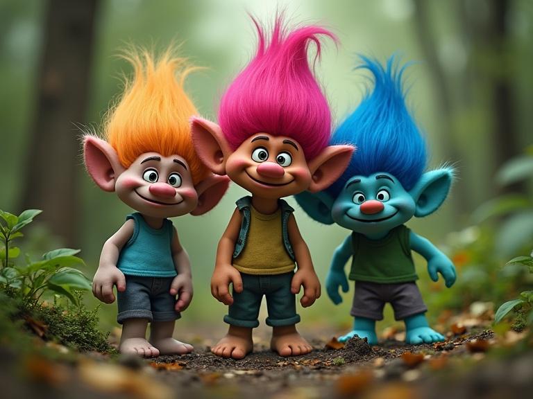 Three animated troll characters standing in a forest. Each troll has bright, colorful hair. They appear cheerful and friendly. The forest background is lush and green. Light filters through the trees casting a magical glow.