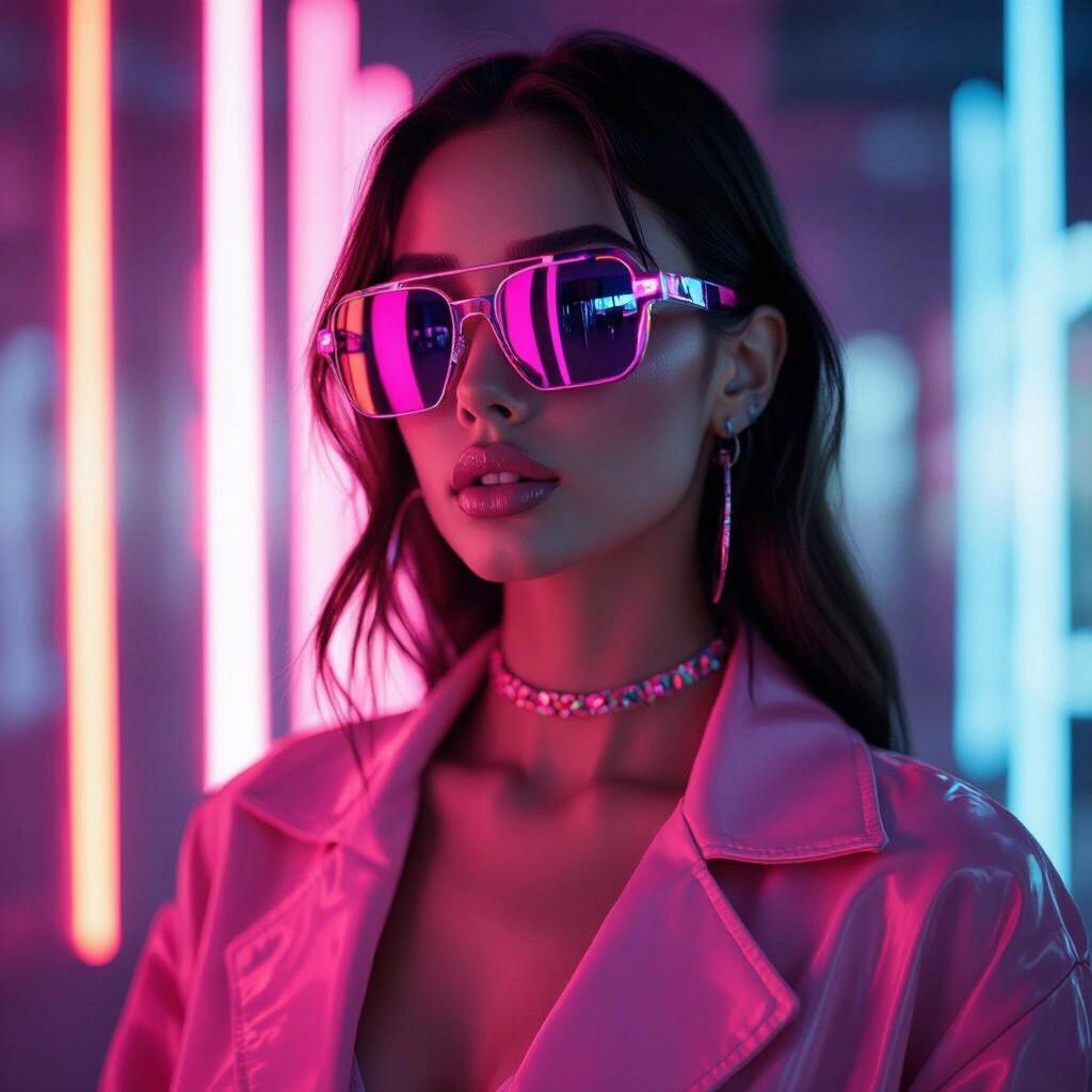 Full body shot from distance. Album cover with a cyber babe model in futuristic sunglasses looking away. Soft dark RGB neon lighting in background. Model wears glamorous pink clothing.
