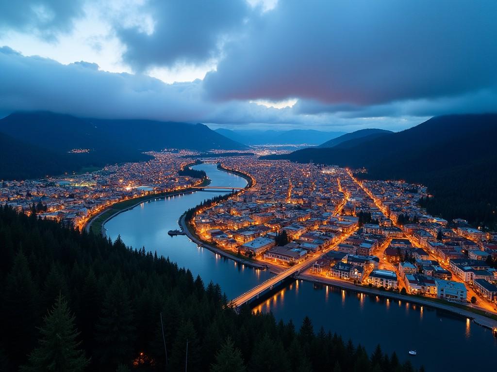 A high-angle view of a city at dusk, with a river winding through it, surrounded by hills and forests, the city lights illuminating the streets and buildings.