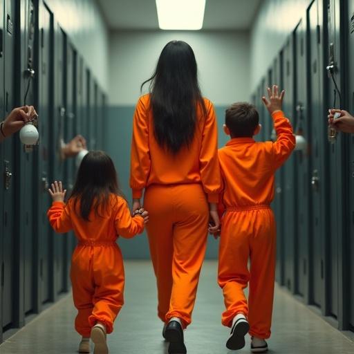 Scene shows mother walking with two children in a jail hallway. Children wear orange jumpsuits and are handcuffed. They wave goodbye with pacifiers in mouth. Guards are present locking cells. Setting is playful yet serious.