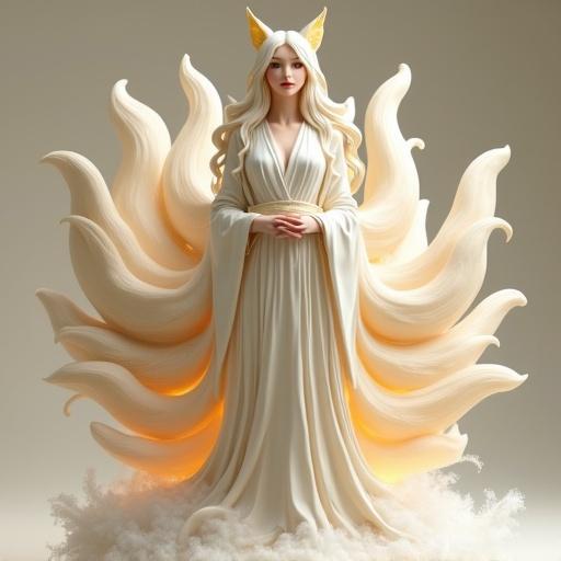 Sensual female figure inspired by a nine-tailed fox. Adult woman with light skin and long white hair with soft golden highlights. She wears a long kimono-style dress in ivory and pale gold. The nine tails are fluffy and light beige with gold gradient. Her pose is majestic and elegant. The base features smooth stones and white smoke. Mystical style resembling a legendary creature. Avoid bright colors.