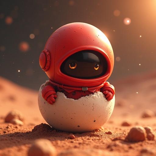 A cute chibi character hatches from an egg on a Martian landscape. The character wears a red astronaut suit and has large expressive eyes. The setting features reddish terrain reminiscent of Mars.