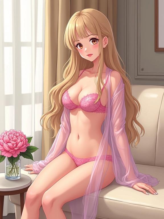 Anime-style fashion illustration of a young woman with blonde wavy hair in a luxurious interior. She wears pink lace lingerie and a sheer robe, seated on a light beige couch. Natural side lighting through windows creates soft effects. Pink peony flowers on a side table. Text in bold pink font across the center.
