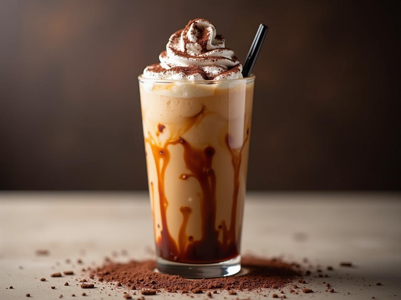 Iced caramel coffee beverage with crushed ice, topped with fresh cream. Chocolate syrup and chocolate powder are visible on the top.