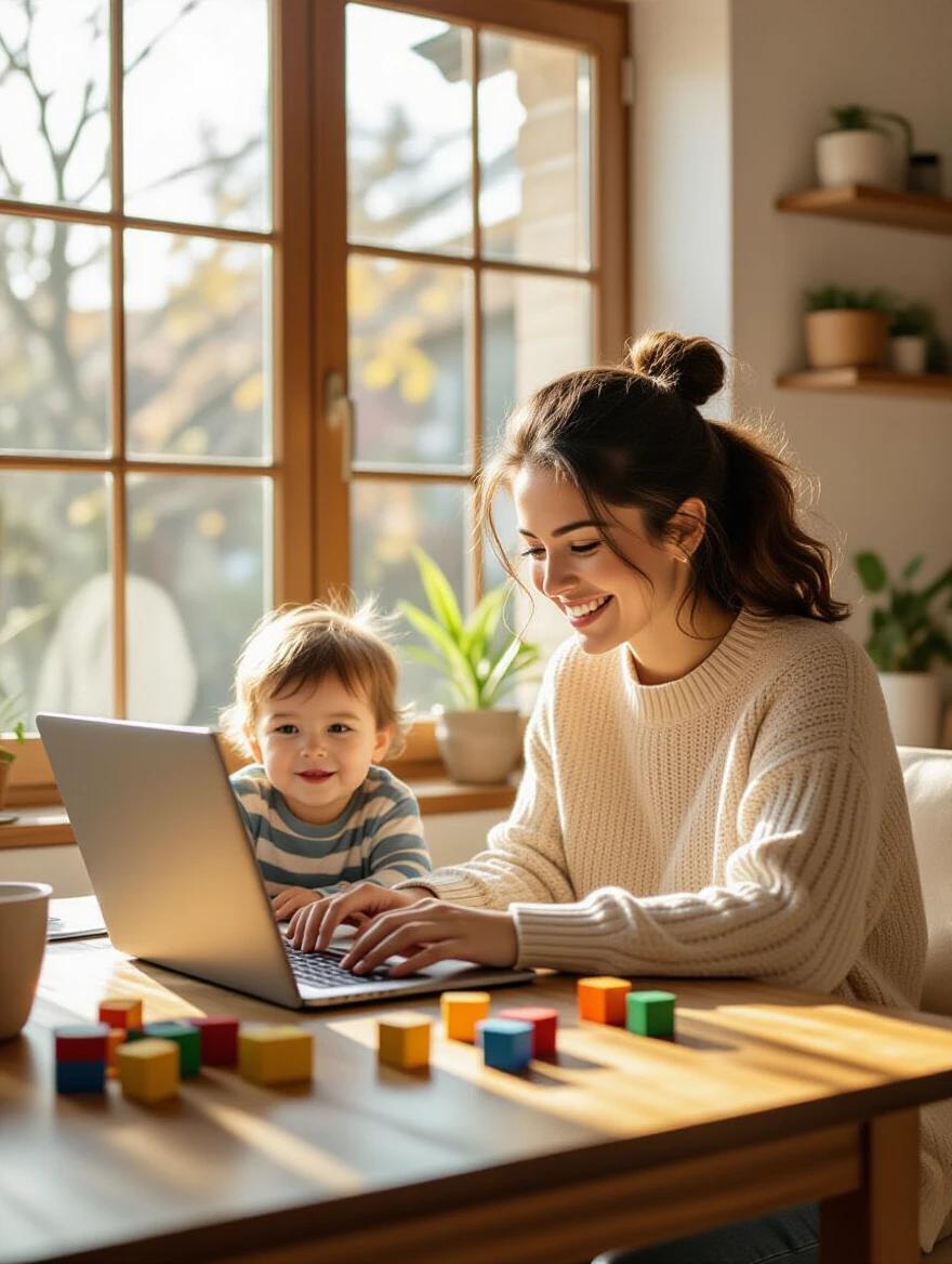 Mexican mother enjoys working on laptop. Toddler son plays nearby with colorful blocks. Cozy living room features large window and natural light. Scene evokes warmth and togetherness.