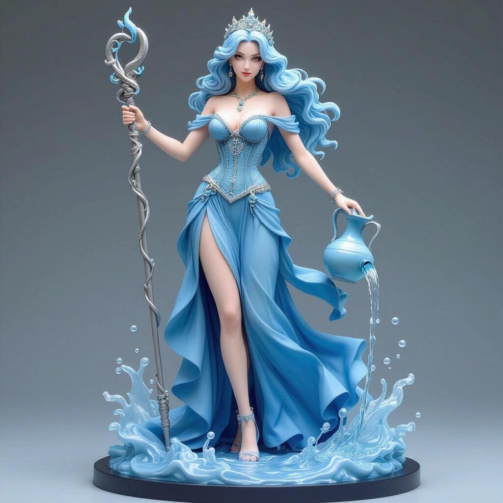 Ultra-detailed resin sculpture of a celestial queen representing Aquarius zodiac. Long wavy light blue hair and tight corset with a flowing blue dress. Water jug pouring water, magic staff on the ground, curvaceous body in a seductive pose. Highly detailed and elegant design suitable for 3D printing.