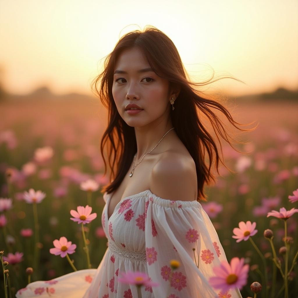 Photo of a woman in a wildflower meadow at sunset. Woman has light-brown skin and dark-brown hair. She wears a sheer white dress with pink floral patterns. The scene captures a carefree mood amid pink and white flowers during golden hour. Image shows soft colors and ethereal lighting.