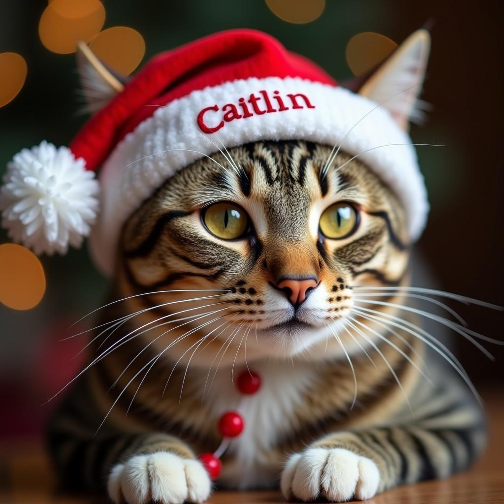 Cat wearing a red Christmas hat with the name Caitlin on it. The cat has striking patterns and is laying down. Background features soft bokeh lights.