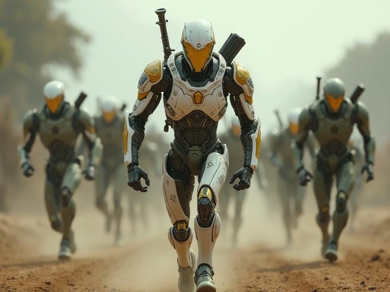A bio robot modeled like a warframe runs towards the viewer. A horde of human clones in army green follows behind. The foreground frame is white with gold trim and has weapons on its back. The background soldiers look different, wearing army green. The scene conveys urgency and action in a futuristic setting.