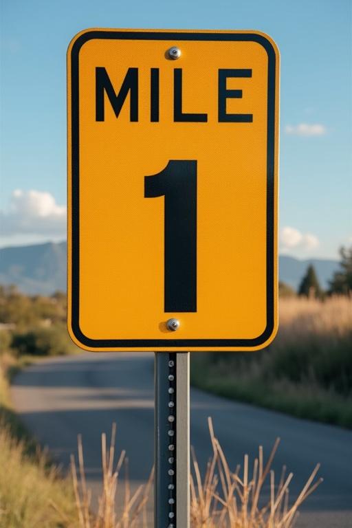 Image of a mile marker sign. Sign displays 'MILE 1' in bold black letters on a yellow background. Background shows a clear blue sky and an open road.