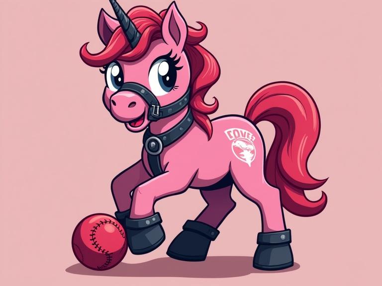 A pink pony is playing kickball. The pony wears a black leather kink harness and a ball gag. The art style is clean and bold. The pony has a playful expression and large eyes. The background color is d5446d. The outlines are crisp with simplified shading.