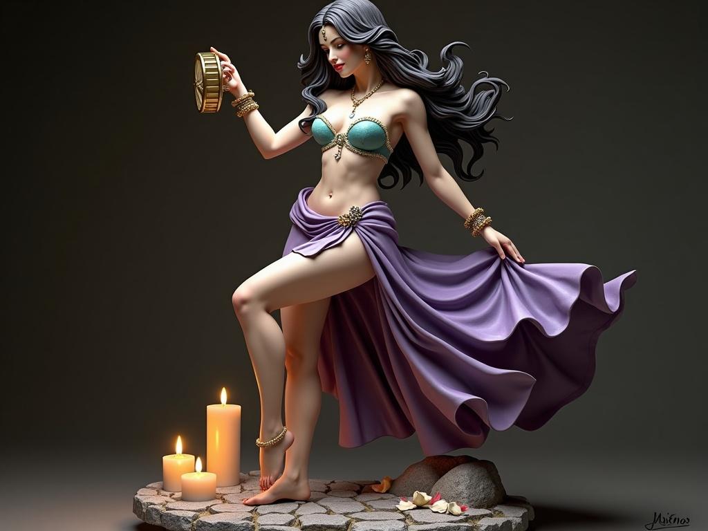 A hyper-detailed resin collectible statue depicts a seductive gypsy dancer inspired by Esmeralda. She dances with one leg extended, revealing her smooth thigh. She holds a tambourine, guiding her balance with the other hand. The dancer wears a turquoise corset and a high-slit purple skirt. Her long dark hair falls around her shoulders. Accessories include gold jewelry and the base features antique cobblestones, candles, and petals. Lighting casts cinematic shadows on the ultra-realistic texture.