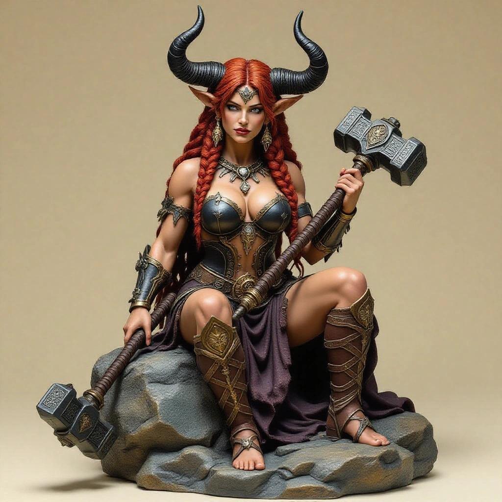Resin statue of a powerful goddess seated on a rock. Voluptuous muscular woman with tanned skin and long braided red hair holds a massive warhammer. Dark bronze and leather armor features intricate runes and bull horn motifs. Large black horns emerge from her head. Mystical and majestic with a bull-like aura. Dramatic lighting and high detail.