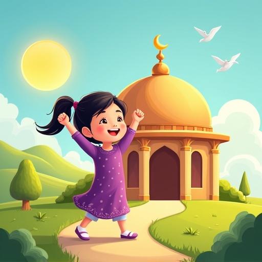 Vibrant colorful cartoon style children's book cover illustration with Islamic theme. Scene includes a faceless young girl aged around 5-7 with short black hair in a ponytail. She wears a purple dress with white polka dots and white shoes. The girl is joyfully raising both arms in front of a symbolic wooden house made of five wooden columns and a dome without additional wall details. The background is a cheerful sunny cartoon landscape with a bright sun, blue sky, fluffy clouds, green hills, cartoon trees, and birds. Include subtle Islamic design elements in child-friendly style with ample empty space at the top for book title.