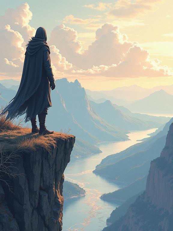 Fantasy wizard stands on a high cliff gazing over a vast landscape at sunset. Expansive view of mountains and rivers with dramatic clouds. The figure wears a cloak and boots, adding to the mystical atmosphere.