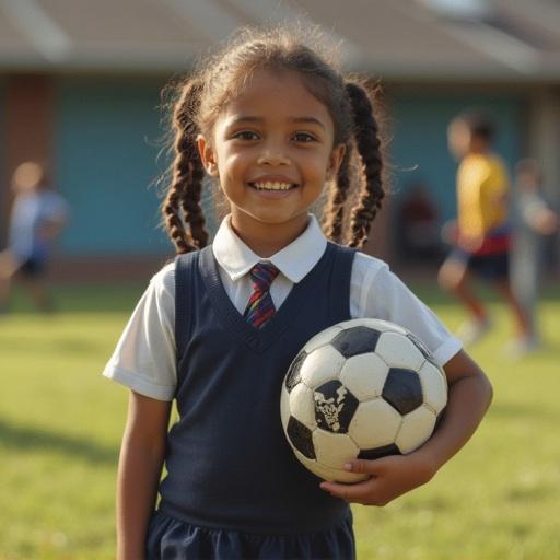 Girl smiling while holding a soccer ball in a school setting. Children playing soccer in the background. Natural lighting and outdoor setting.