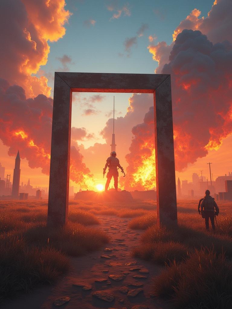 Widescreen artwork of a battlefield scene. A large rectangular frame showcases a figure standing in a dramatic pose. Background filled with explosions and fiery clouds. The scene is set in a futuristic landscape with tall buildings. Grass and rocky path in the foreground.