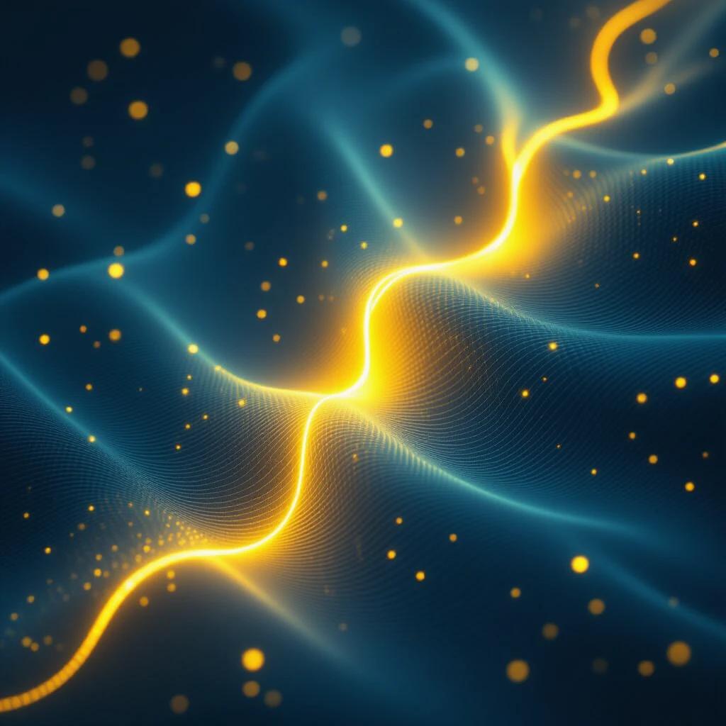 Glowing yellow thread-like structure flows in abstract waves. Deep blue background accentuates the glowing effect. Soft light creates depth and movement. The scene suggests bending reality and gravity around the thread.