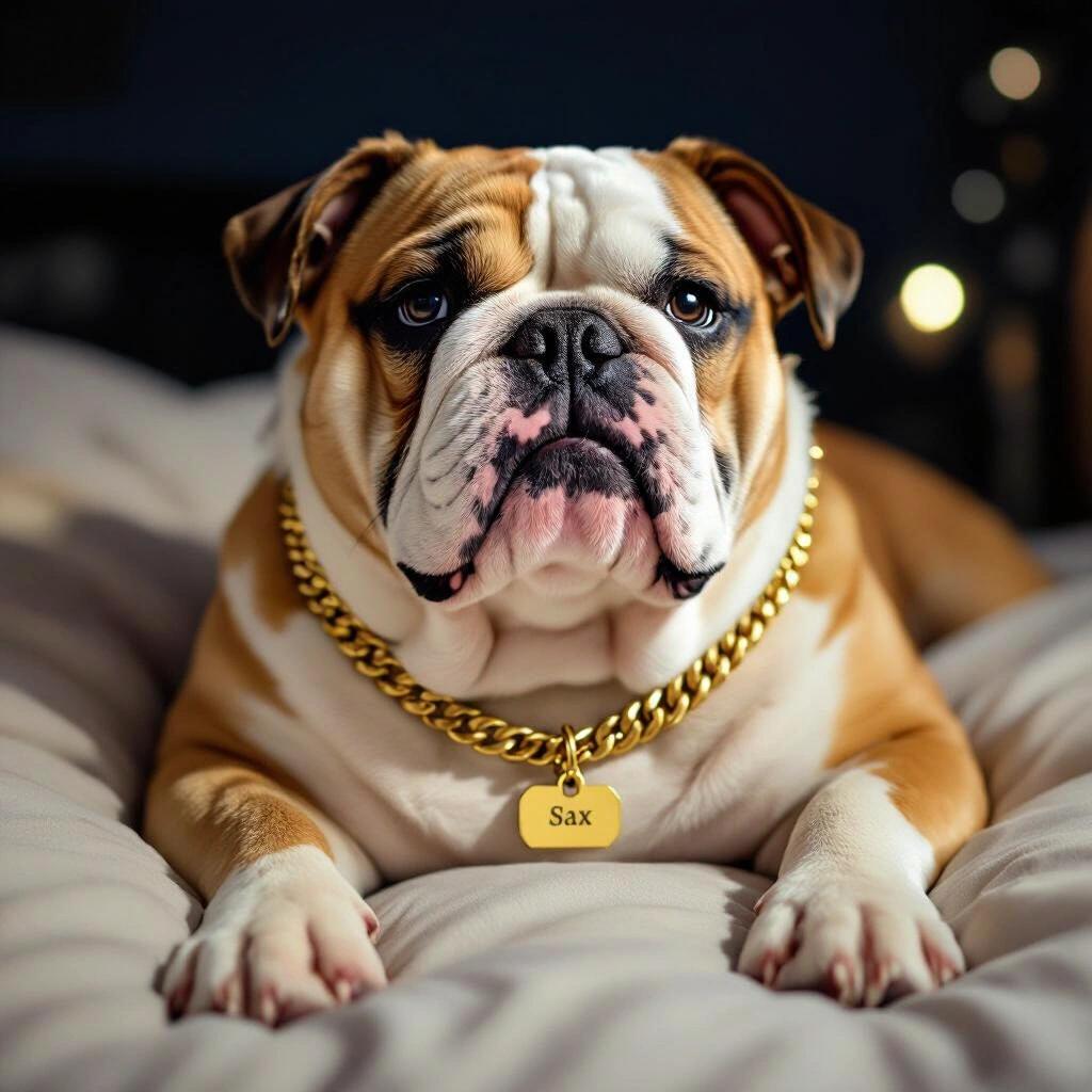 Raw photograph of a bulldog at night. Dog is relaxed lying on a bed. Brown and white bulldog features. Wears a gold chain with a name tag saying Sax.