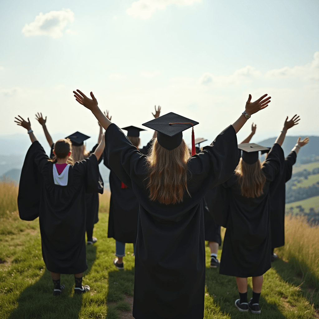 A group of graduates in caps and gowns celebrate on a grassy hill with outstretched arms, overlooking a scenic, sunlit landscape.