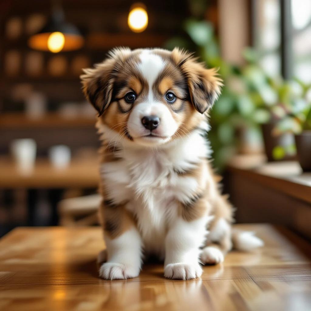 A cute puppy sits on a wooden table. Background is blurred, creating a warm indoor atmosphere. The puppy has mainly white fur with brown patches on its ears and face. Soft lighting and green plants enhance the warmth of the scene. The style is natural and soft, evoking comfort and joy.
