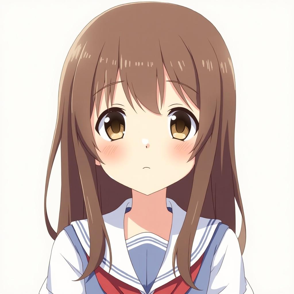 Anime character has brown hair and brown eyes. Cute makeup style. Front view shows soft expression. Wearing a school uniform with a sailor collar.