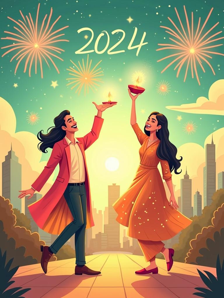 Digital illustration captures joyful celebration of transition from 2024 to 2025. Vibrant colors used including saffron, green, gold, warm pink. Festive elements include fireworks, diya lamps, traditional motifs, modern city skyline. People depicted in happy moment wearing traditional and office attire. Atmosphere conveys optimism and cultural pride.