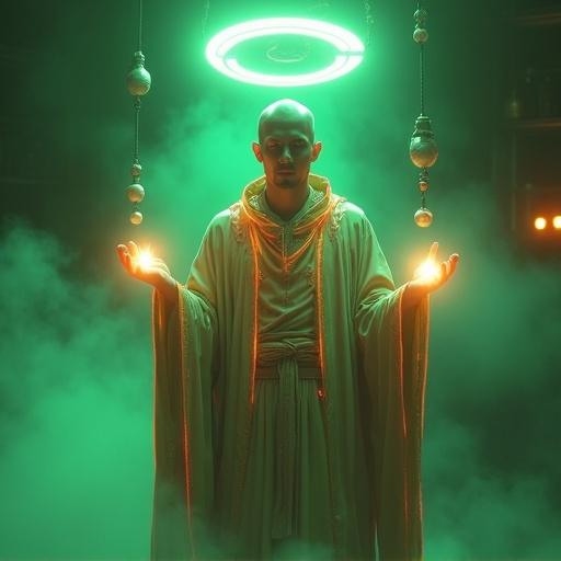 Futuristic monk stands with raised palms casting glowing light. Wearing robe with neon green embroidery and orange trim. Halo-shaped neural implant hovers. Levitating prayer beads orbit. Calm expression and glowing eyes. Scene lit with green and orange light, surrounded by digital mist.
