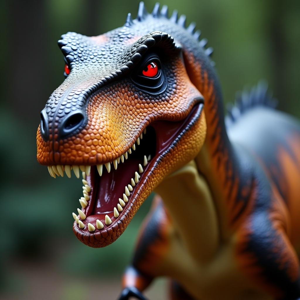 Freddy smiles, the tyrannosaurus rex. Brown scales with a black dark blue stripe. Red eyes with slit pupils. An evil grin reveals sharp teeth.