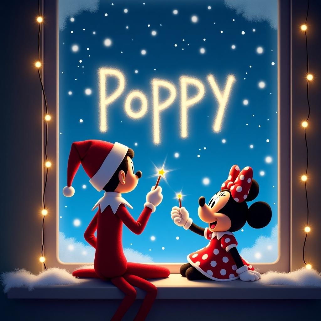 An elf on the shelf sits on a windowsill. He faces away from the viewer. Using a magical wand, he writes 'Poppy' in the night sky. The elf is vibrant. Next to him is Minnie Mouse. She has a joyful expression. Minnie holds a smaller wand. The window frame has glowing lights. Snow gently falls outside, creating a magical winter setting.