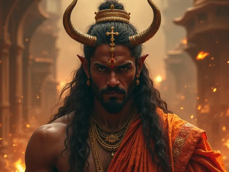 A tall man with horns and long dark hair stands in a dramatic setting. His skin is muscular and brown. He wears an ornate orange robe and extravagant jewelry. The background is fiery, hinting at a chaotic environment. His sharp features and piercing gaze suggest cunning. He embodies a deceptive charm. He exudes confidence and elegance. This character represents a demonic asura.