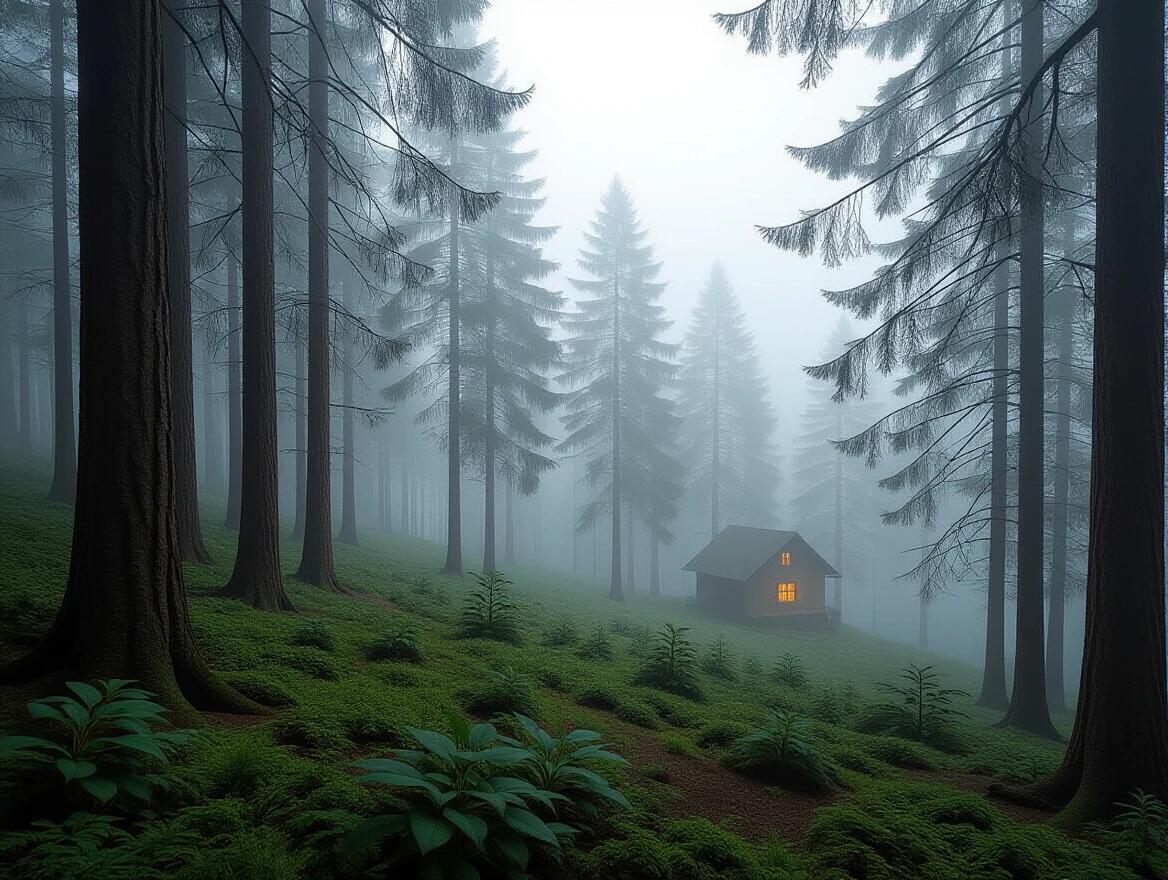 A mysterious forest shrouded in fog. Tall pine trees reach high into the misty sky. A small cabin glows warmly in the distance. Lush green undergrowth covers the forest floor. The scene evokes a sense of tranquility and solitude.