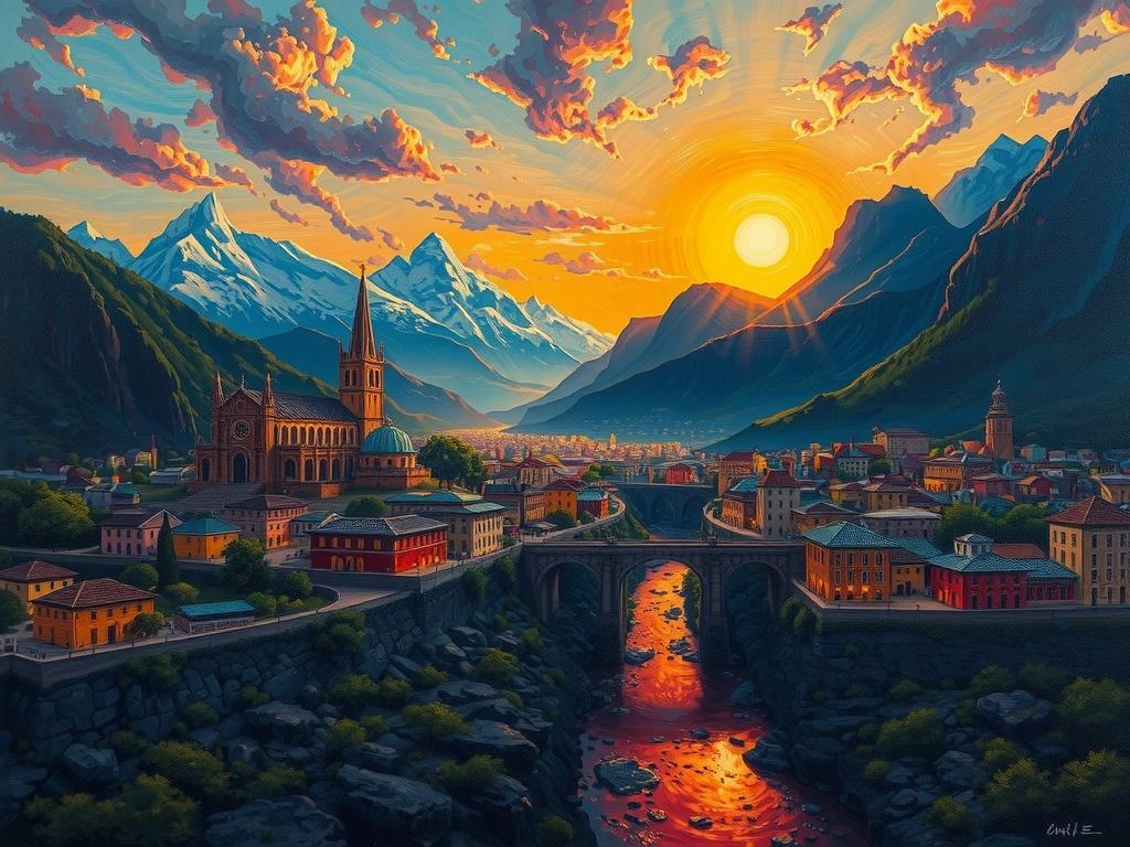 A vibrant painting of a town nestled between mountains at sunset, with a river reflecting the fiery sky.