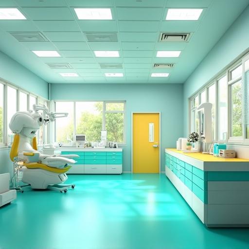 Futuristic pediatric medical laboratory with turquoise white and yellow color palette