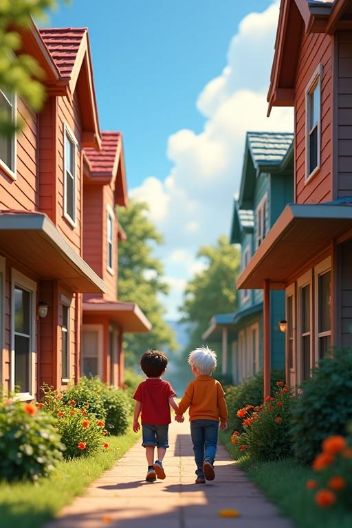 A stylized cartoon scene in a Pixar-style 3D animated universe. A time-lapse shows seasons changing. Two houses side by side. One with a younger brother with a scar, greying. The other with an older brother with thinner hair, white edges. They walk hallways, attend family dinners, hold children at graduations together but isolated. The houses feel warm yet cold with time. The camera pans through windows and corridors to changing family photos, except one of them as children remains untouched. Visual storytelling shows time heals nothing when hearts remain closed.