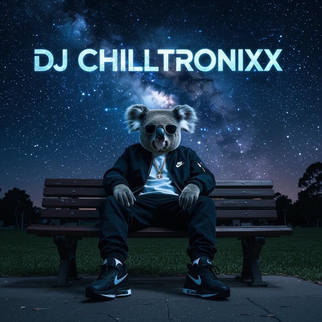 Night photo featuring a koala person who wears stylish black Nike Air Max 2025 runners and sunglasses. He sits casually on a park bench under a vast dark nebula sky. The image has artistic text that reads DJ Chilltronixx.