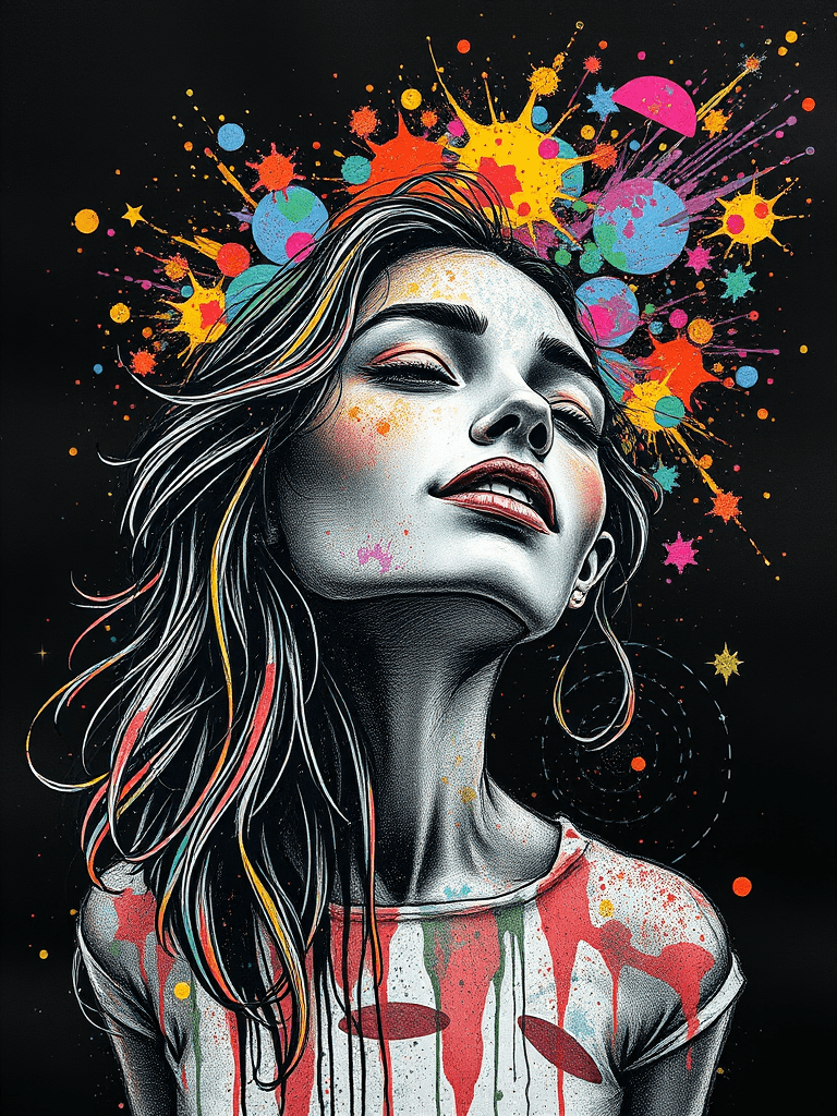 This striking image features a stylized portrait of a woman who exudes an aura of serenity and creativity. Her eyes are closed, and her expression is peaceful, as if she is lost in thought or meditation. The artwork is characterized by a vibrant explosion of colors around her head, forming a halo-like burst of abstract shapes and splatters reminiscent of paint. These include circles, stars, and irregular splashes in hues of red, orange, blue, and yellow, creating a cosmic and dreamlike atmosphere.

Her hair flows gracefully around her shoulders, infused with streaks of multicolored accents, complementing the vivid background. The woman's attire also bears similar paint-like splatters, integrating her into the lively and imaginative setting. The contrast between the monochromatic depiction of her face and the vivid colors surrounding her emphasizes the interplay between calm introspection and dynamic creativity.