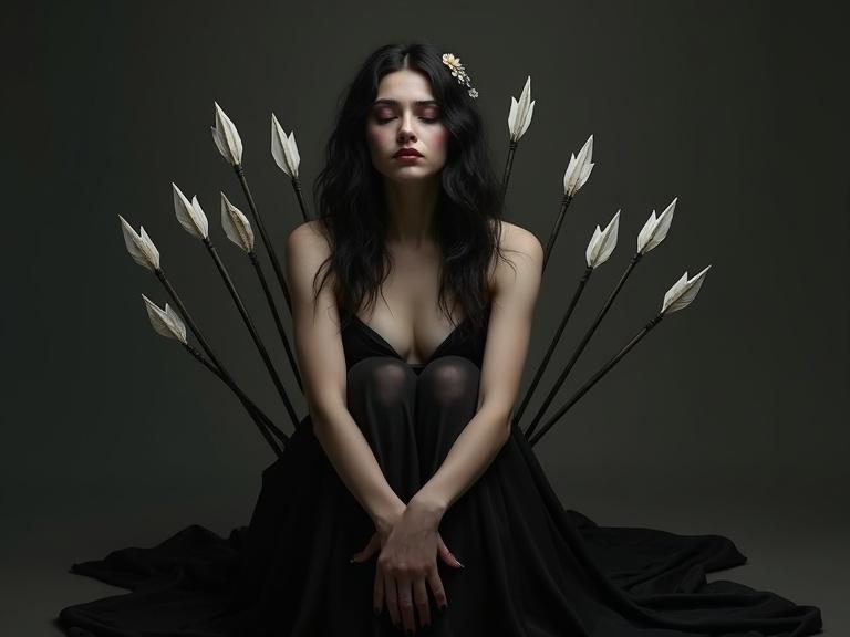 Dark portrait of a woman with long dark hair. She sits with knees drawn to her chest in a sorrowful pose. Wearing a flowing black gown with a sleeveless design. Hands are clasped, nails painted deep crimson. Subtle makeup enhances her features. Many white arrows pierce her from behind, symbolizing suffering. The composition is centered, showing emotional state clearly. Light and shadow create depth and atmosphere. The style is detailed and realistic, with a hint of painterly technique.