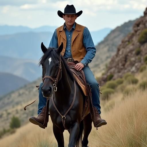 A cowboy wearing a black leather cowboy hat blue Jean shirt and light brown leather vest is riding a black horse. The horse is trotting down a mountain path surrounded by rocks and grass.