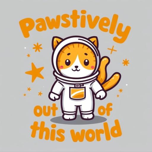 Cartoon cat in a spacesuit with text Pawsitively Out of This World. Design uses white and orange colors. Background is transparent. Clean vector-art style with star accents. High resolution for gray t-shirt printing.