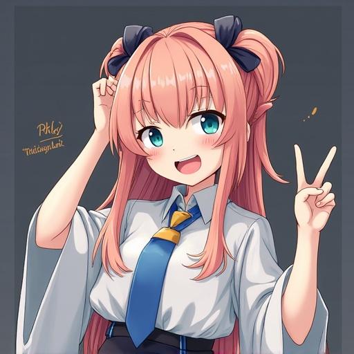 Anime style illustration of a female athlete wearing a sporty uniform. Uniform has a deep cut and made from lightweight material. Character has long pink hair with bows and a cheerful expression. She's posing for a dynamic sports representation.