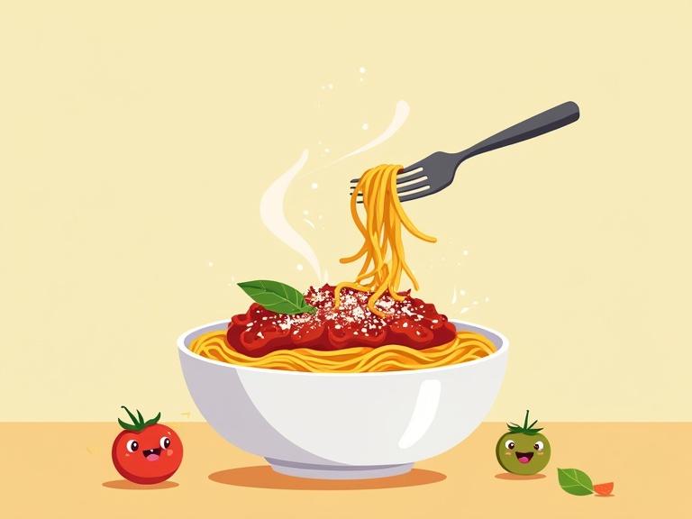 Bright and inviting illustration for spaghetti Bolognese. A steaming bowl with Bolognese sauce. Fork twirling spaghetti. Smiling tomatoes on the side. Simple background with clean lines and vibrant colors.