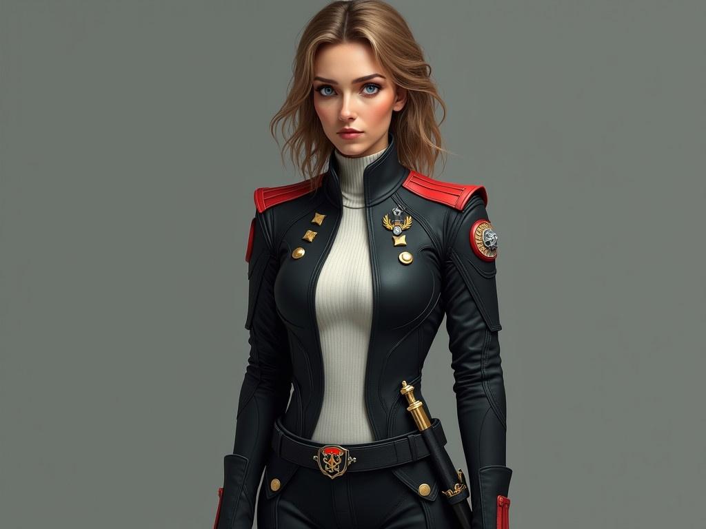 This image features a 35-year-old woman with realistic body proportions, standing tall and athletic. She has sandy brown hair, darker eyebrows, and blue-green eyes, with lips that are not too full. Her sci-fi military uniform is made from tough black synthetic fabric and includes a fitted jacket over a white knit shirt with a flat collar and pants. The jacket has a red stripe at the shoulders that are padded, with additional red detailing on the sides and cuffs. On her shoulders are round patches; the left showcases a white sword over a gold shield on a red background, and the right features a three-headed gray wolf cerberus on a black shield. Four small gold diamonds on her left breast signify her rank as Captain, while a gold shield-shaped comm-badge with a white sword sits on her right breast. She wears a functional belt with a secondary band housing a gold-hilted dagger in a black scabbard.