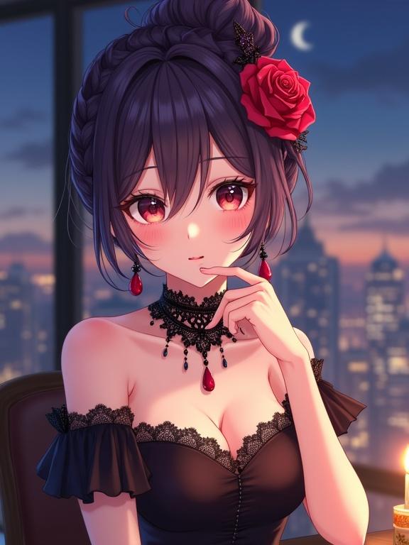 Anime illustration of a beautiful young woman with dark violet hair in an updo. A red rose and dark beads in her hair. She has light-colored eyes, fair skin, and blush on her cheeks. Wearing an elegant off-the-shoulder dress with ruffled sleeves and black lace. A black lace choker with a red pendant on her neck and matching earrings. She is seated at a table, softly glowing light source and a city skyline visible in the background. The mood is sophisticated and romantic.