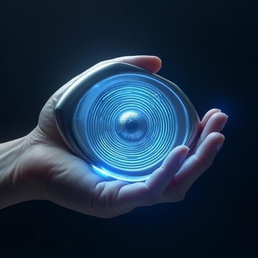 Hand holds a large sci-fi device. Device is oval and curvy with spiral patterns and a glowing blue center. Metallic and reflective surfaces. Dark blue background enhances details.