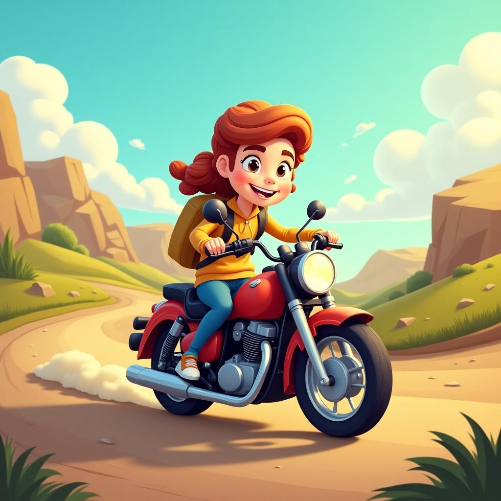 A cartoon character is happily riding a motorcycle on a sunny day. She has curly red hair and is wearing a backpack, showcasing a sense of adventure. The background displays a colorful landscape with hills and rocks. The road is winding, adding excitement to the ride. The overall atmosphere is joyful and vibrant, perfect for children's media.