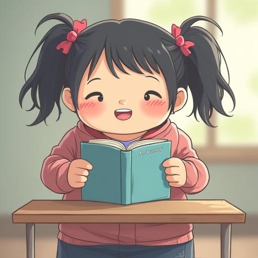 Girl with pigtails enjoys reading a book sitting at a table. She wears a pink top and smiles. Bright and inviting classroom setting.