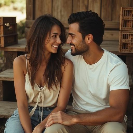 A sepia-toned, cinematic photograph of a young couple on rustic wooden steps. The woman with straight layered hair smiles at the man. She wears a sleeveless blouse and high-waisted pants. He has a warm smile, dressed in a white t-shirt. Background features vintage crates and sun-washed wood textures. Captured with a Leica M6 camera for creamy bokeh, focused on emotional storytelling.