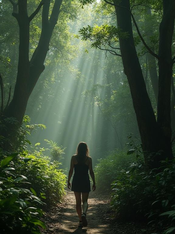 Photorealistic representation of a woman walking on a forest path in the Amazon. Light rays filter through trees creating a mystical atmosphere.